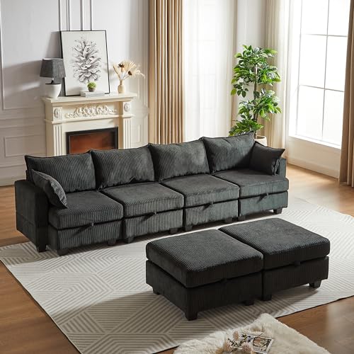 Oversized Modular Storage Sectional Sofa Soft Corduroy Upholstered Deep Seat Convertible Sleeper Couch Bed with 2 Pillows E80944