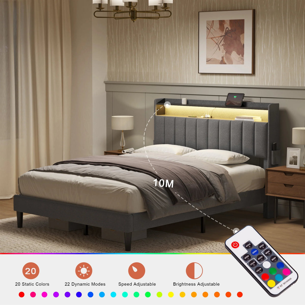 Queen Upholstered Platform Bed Frame with Storage Headboard J14920