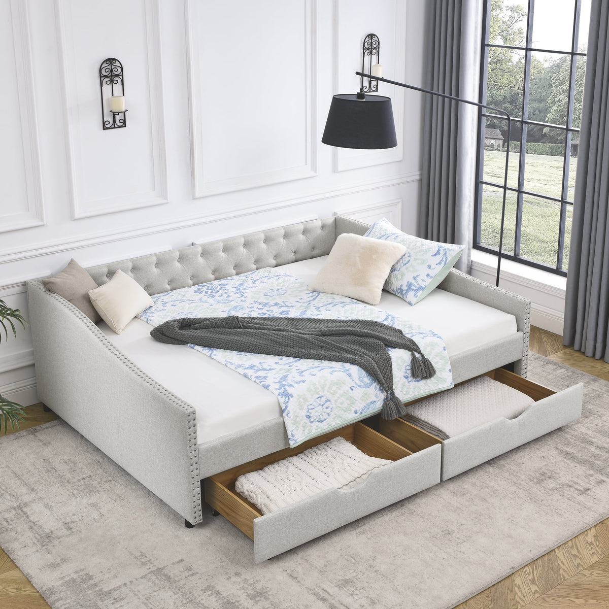 Upholstered Queen Size Daybed with Drawers T768
