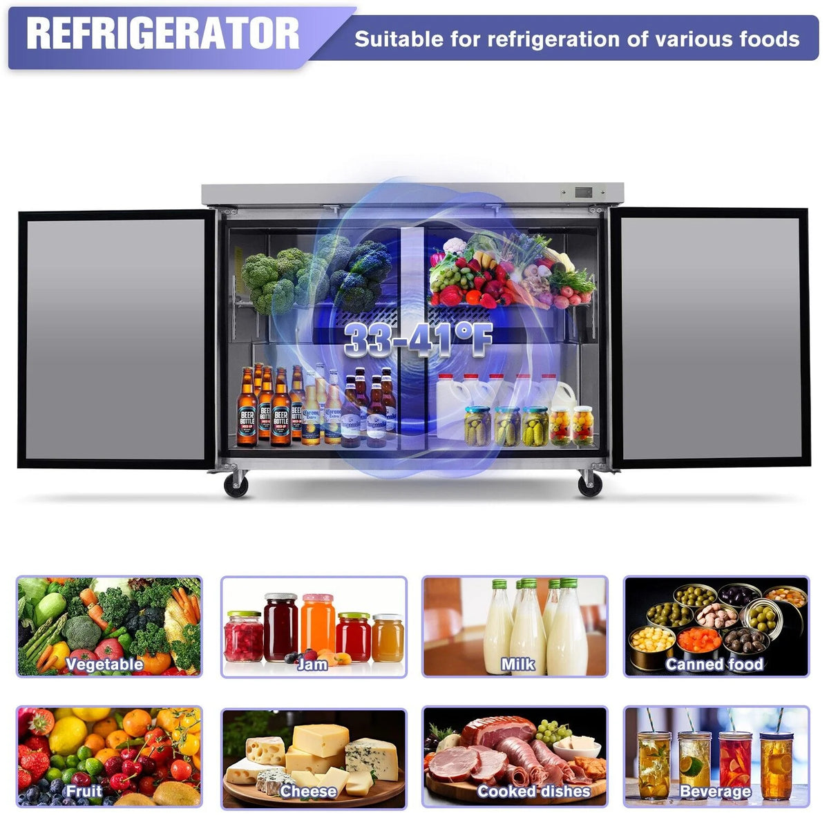 48" Undercounter Worktop Refrigerator Prep Table 14 Cu.Ft 2 Door L744070