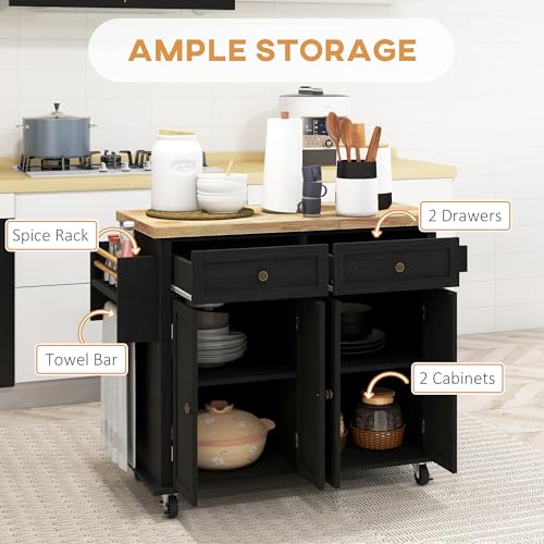 Navy Blue Kitchen Island on Wheels with Rubberwood Top Q502849