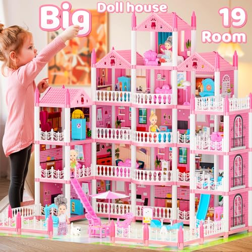 5-Story Doll House with 19 Rooms, Lights, Dolls, and Furniture Q453