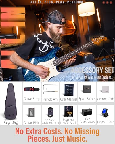 Blaze Orange Electric Guitar with Roasted Maple Neck, Flame Maple Top, HSS Ceramic Pickups, 10W Amp, Gig Bag, Strap, Picks, Lesson Book Q201