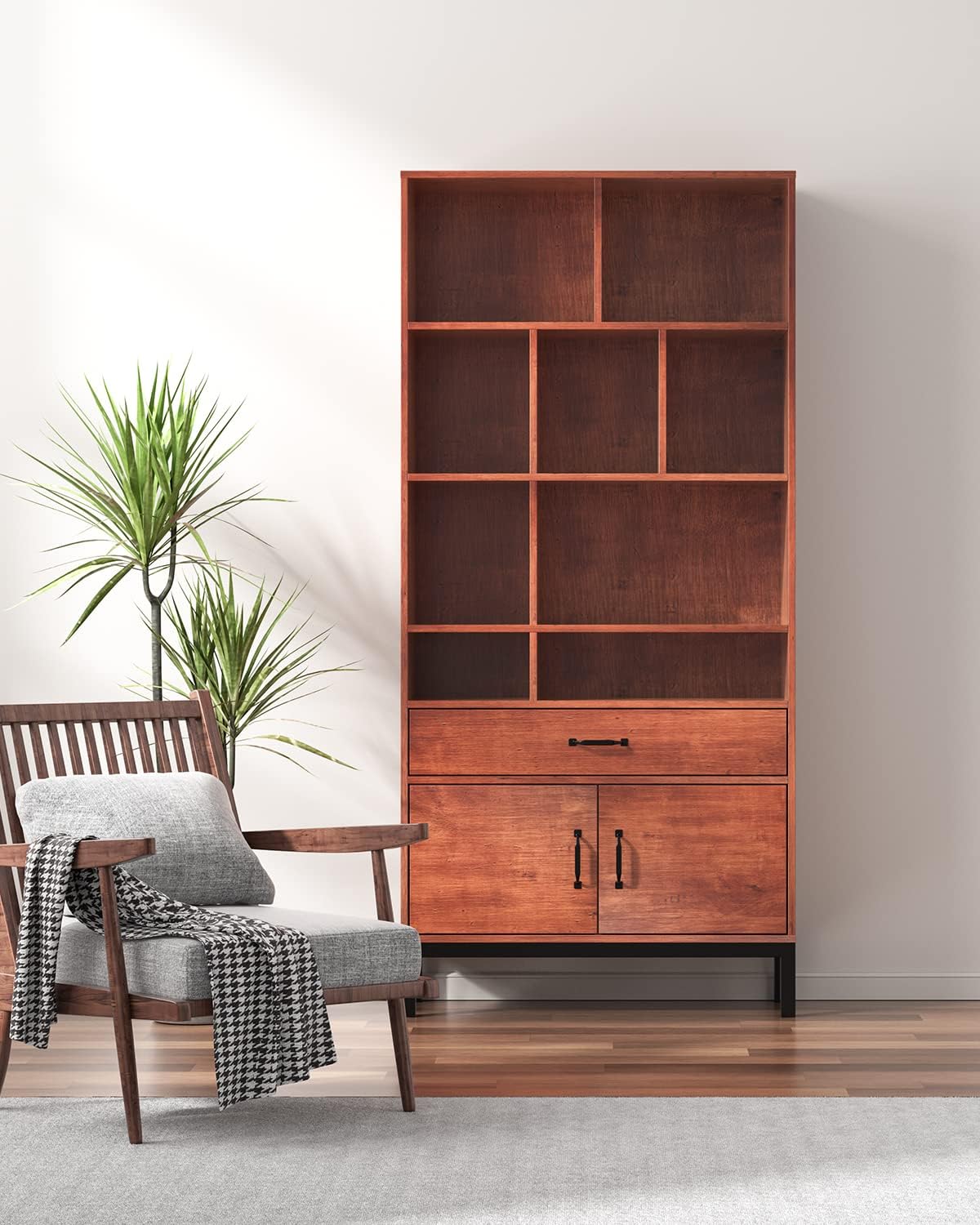 Brown 4 Tier Bookcase with Doors and Drawers V69838