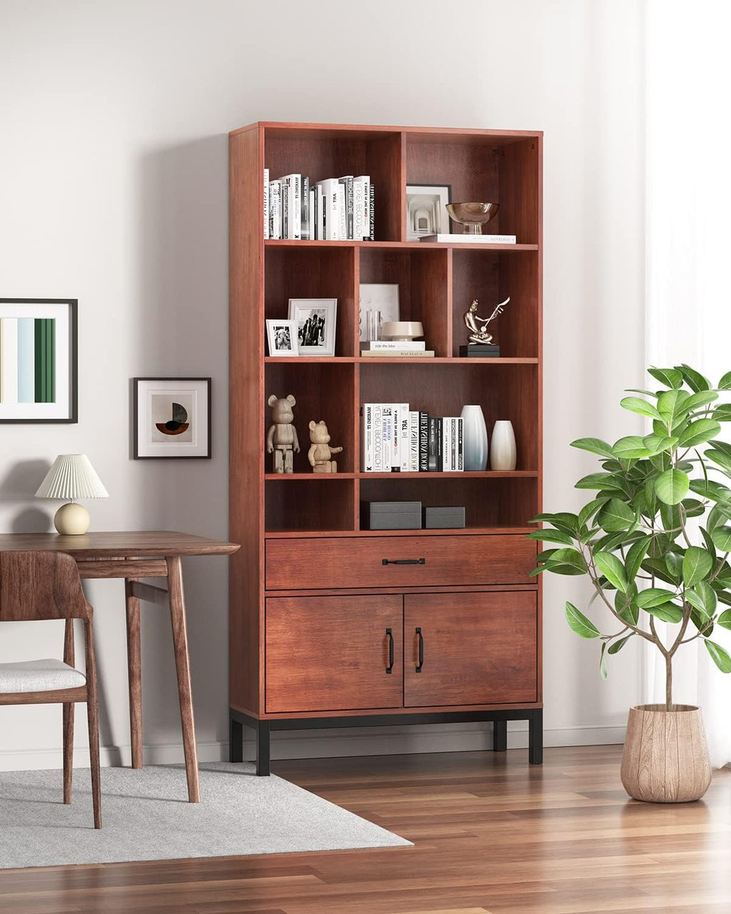 Brown 4 Tier Bookcase with Doors and Drawers V69838