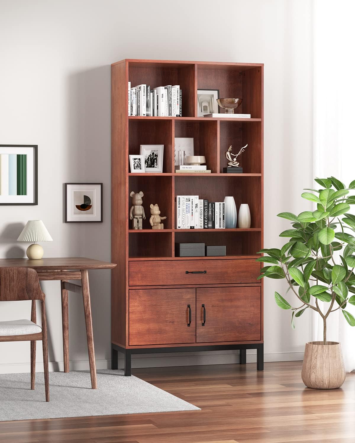 Brown 4 Tier Bookcase with Doors and Drawers V69838