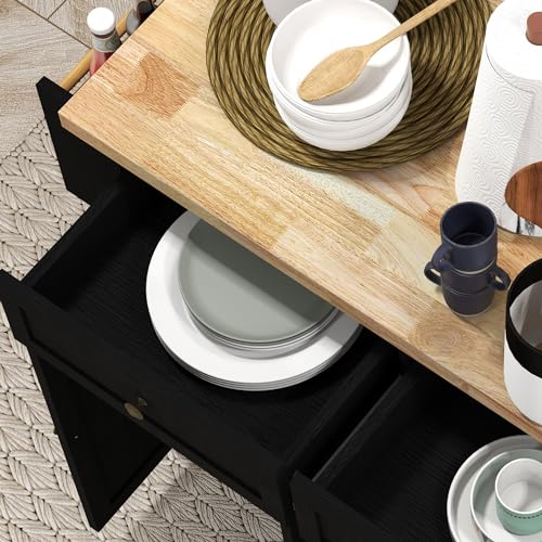 Navy Blue Kitchen Island on Wheels with Rubberwood Top Q502849