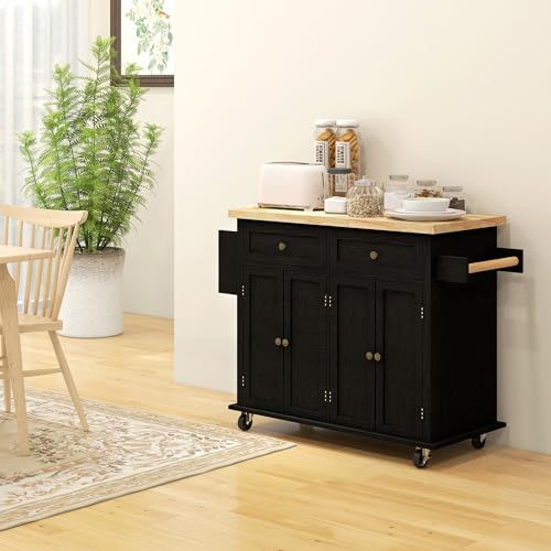 Navy Blue Kitchen Island on Wheels with Rubberwood Top Q502849