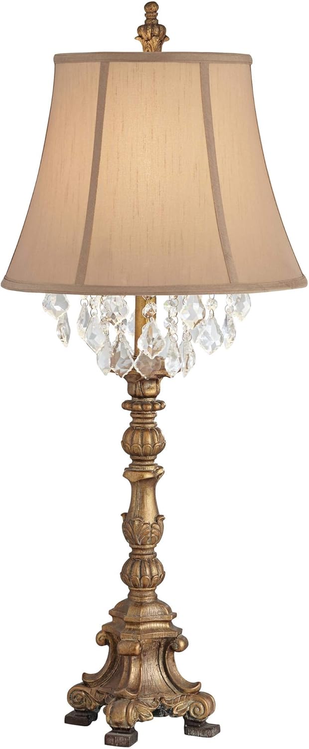 Tall Table Lamp Crystal Aged Gold Candlestick Beige Bell Shade E4804