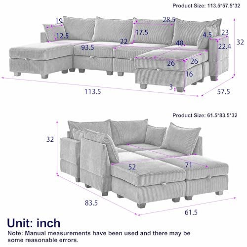 Oversized Modular Storage Sectional Sofa Soft Corduroy Upholstered Deep Seat Convertible Sleeper Couch Bed with 2 Pillows E80944