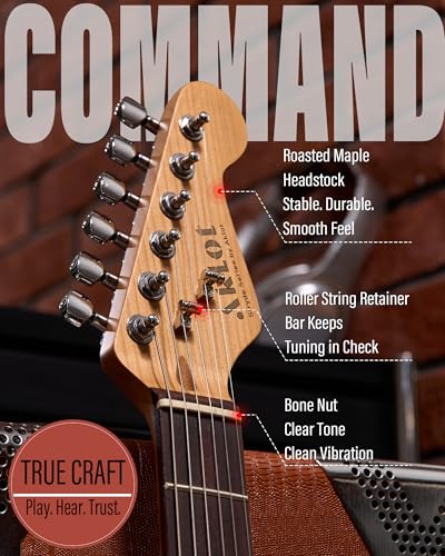 Blaze Orange Electric Guitar with Roasted Maple Neck, Flame Maple Top, HSS Ceramic Pickups, 10W Amp, Gig Bag, Strap, Picks, Lesson Book Q201