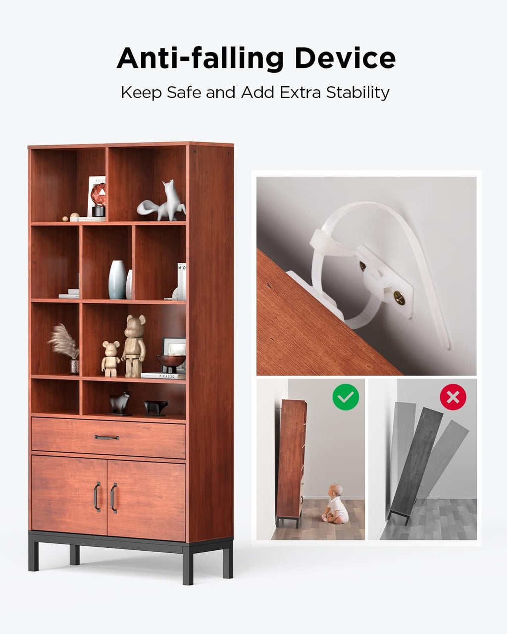 Brown 4 Tier Bookcase with Doors and Drawers V69838