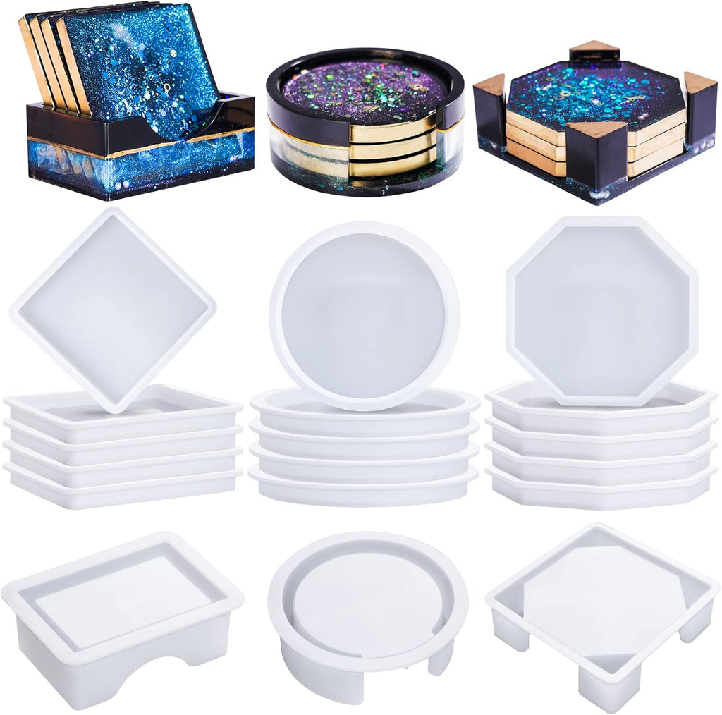 18 Pcs Silicone Coaster Molds with Round Square Octagon Shape Holder Molds Z67276