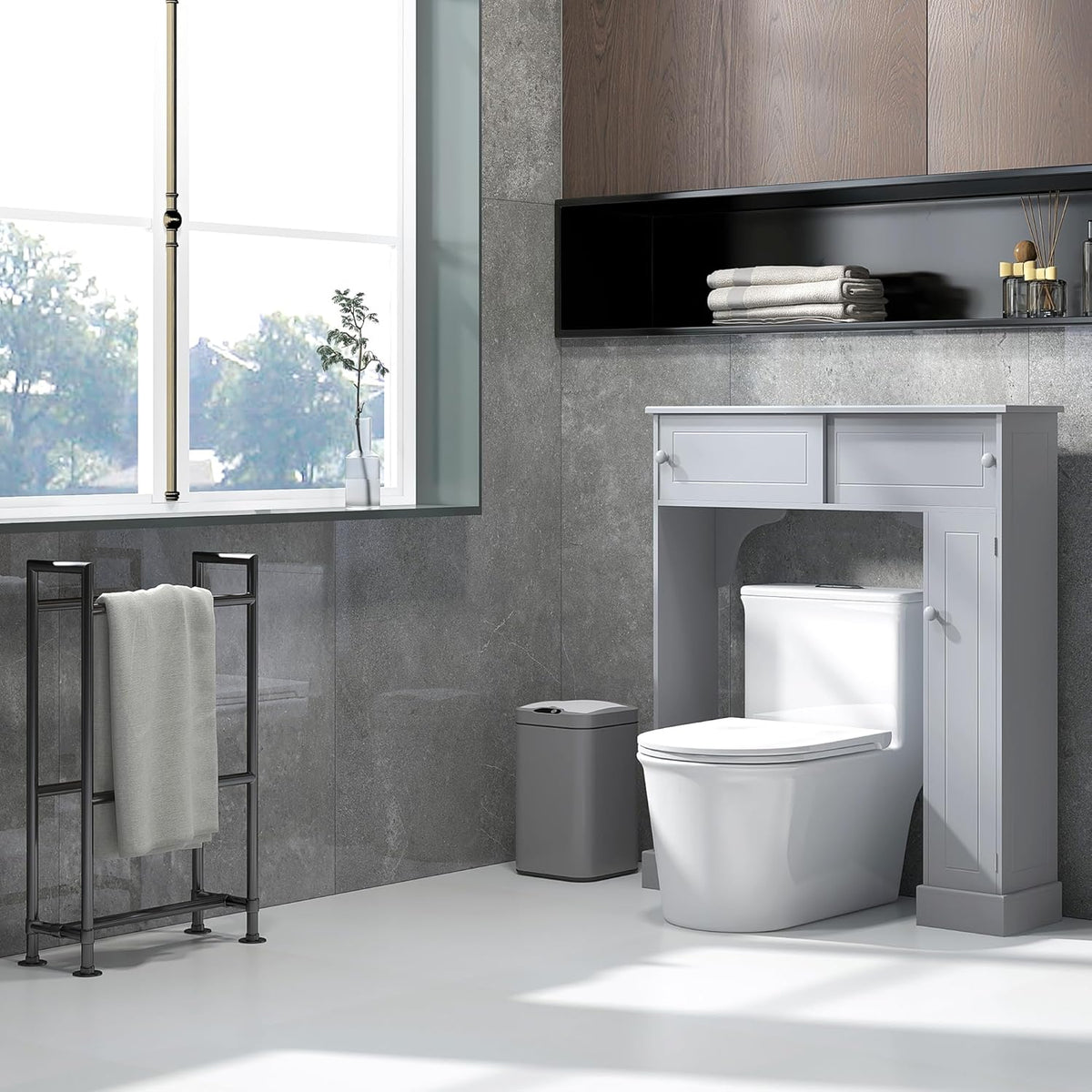 Gray Freestanding Over The Toilet Bathroom Cabinet with Adjustable Shelves L20555