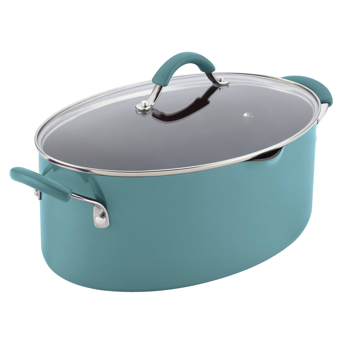 Hard Enamel Nonstick 8-Quart Covered Oval Pasta Pot with Pour Spout, Agave Blue W535