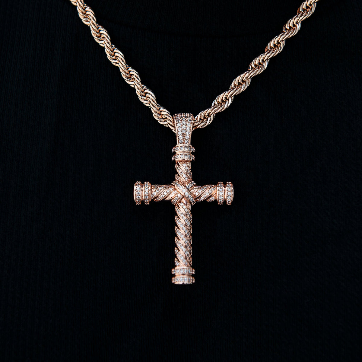 Diamond Rope Cross Pendant in Rose Gold