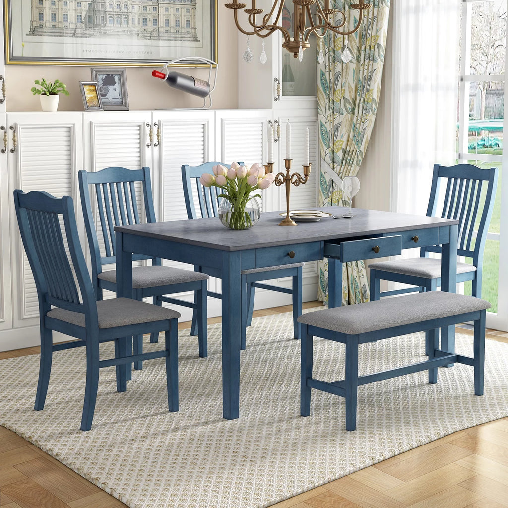 6 Piece Wood Dining Table Set with 4 Upholstered Chairs and Bench B892