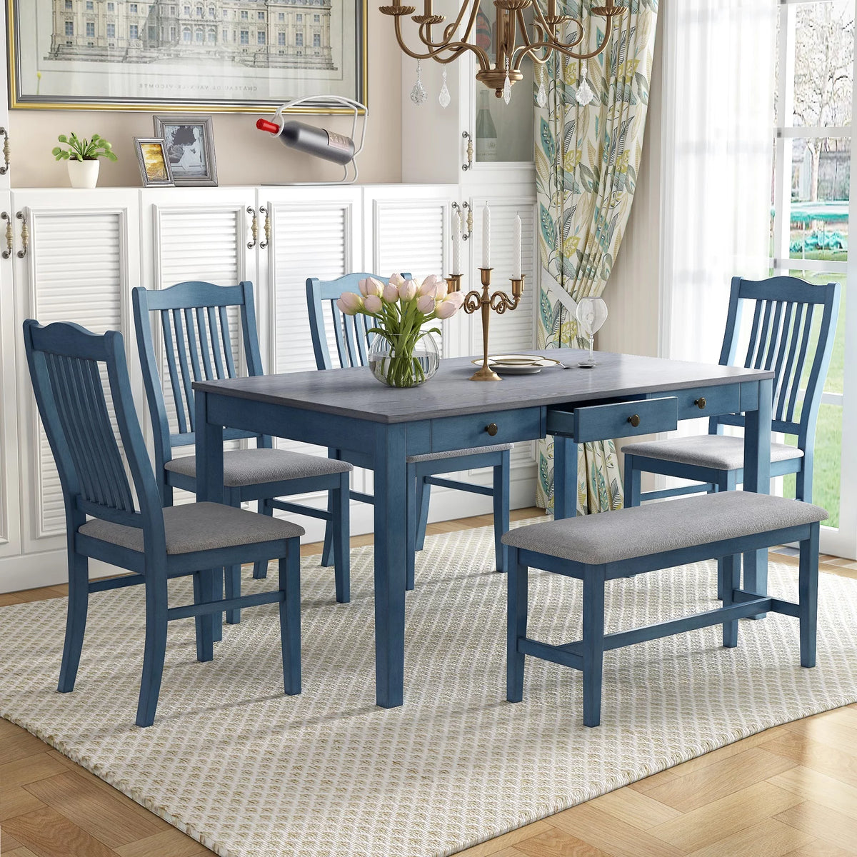 6 Piece Wood Dining Table Set with 4 Upholstered Chairs and Bench B892