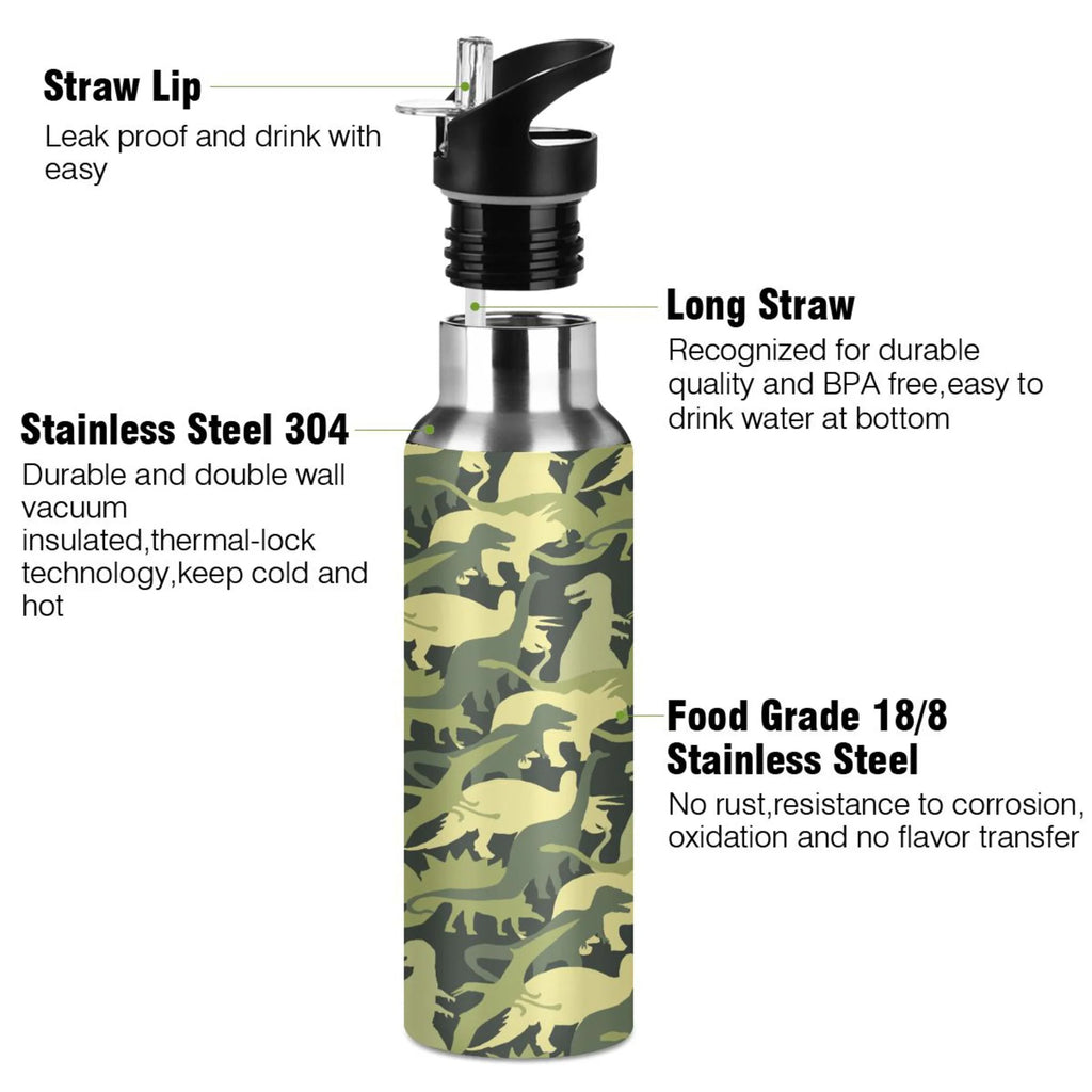 Army Green Camo Dinosaur Stainless Steel Water Bottle with Straw Lid 20 OZ M88581