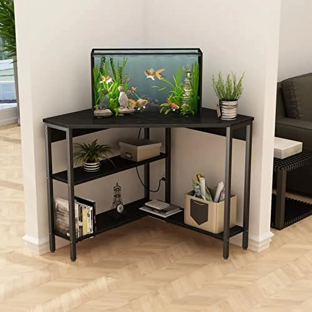 Black Corner Desk with Outlets USB Ports Shelves H229