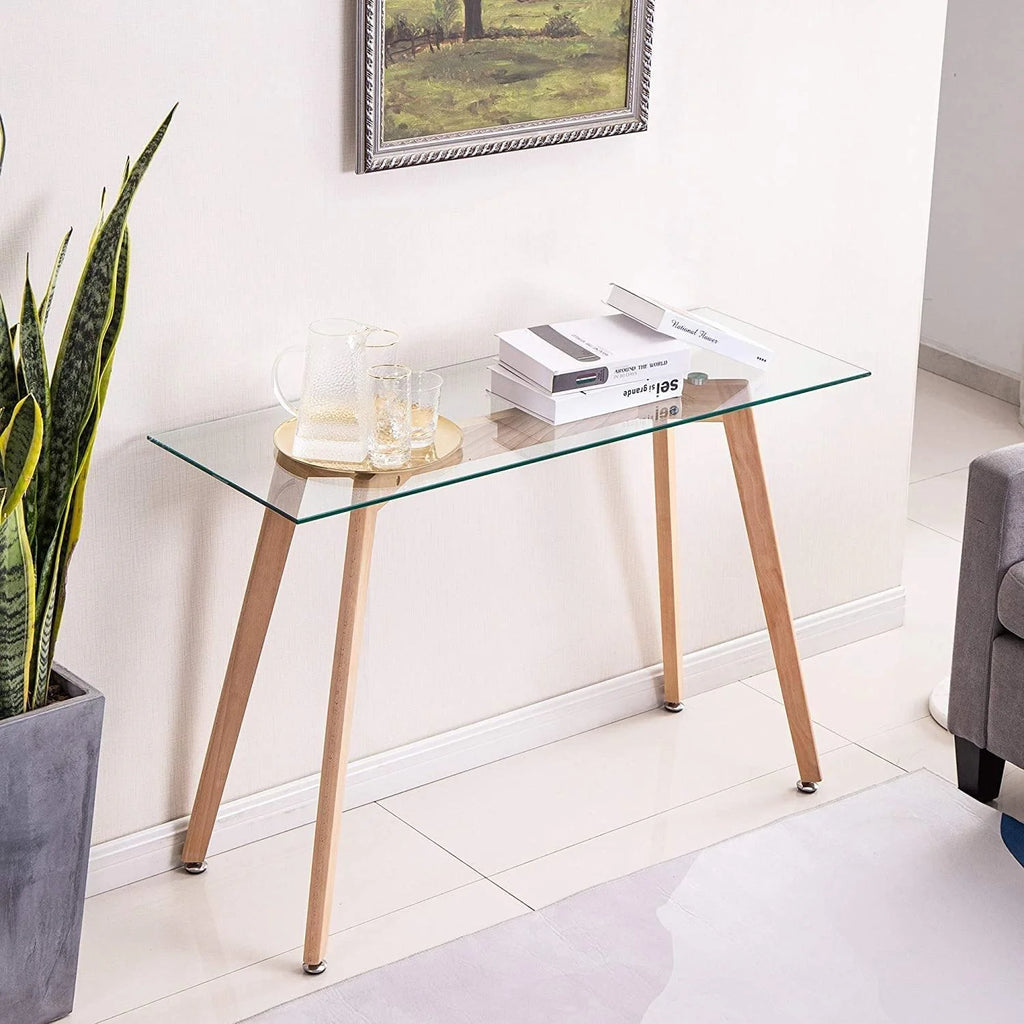 Glass Console Table with Solid Wood Legs V225409