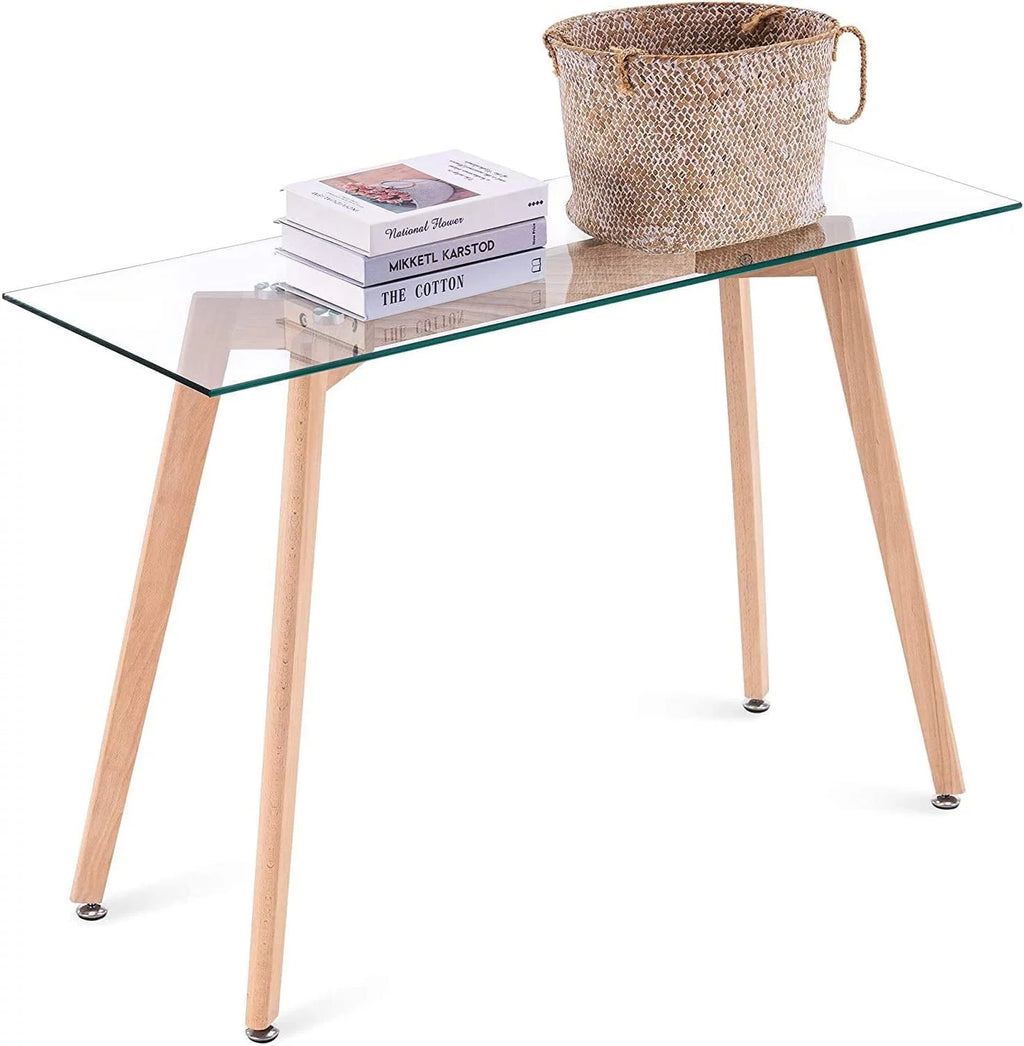 Glass Console Table with Solid Wood Legs V225409