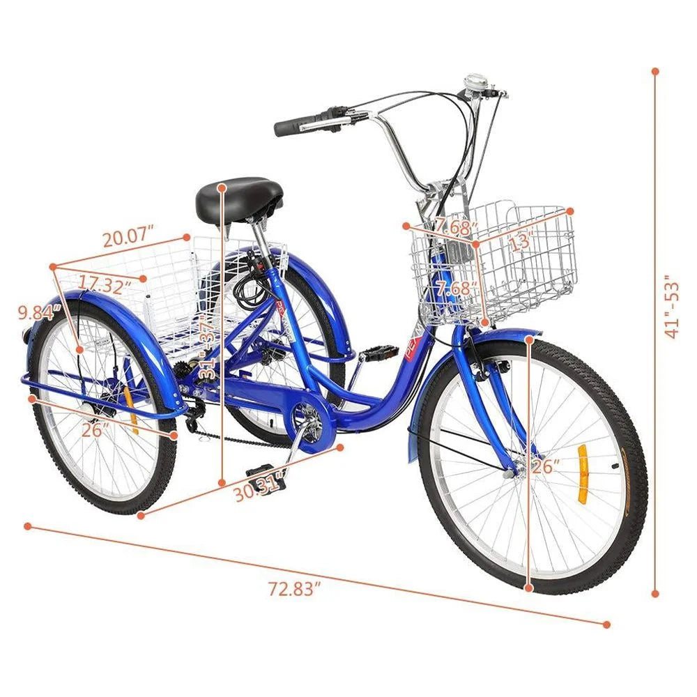 Blue 26 Wheels 7 Speed Adult Tricycle with Baskets Q129