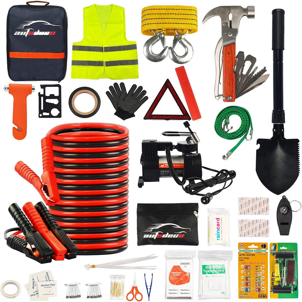 118 Pieces Car Emergency Kit with Jumper Cables, Air Compressor, Tow Strap Y538
