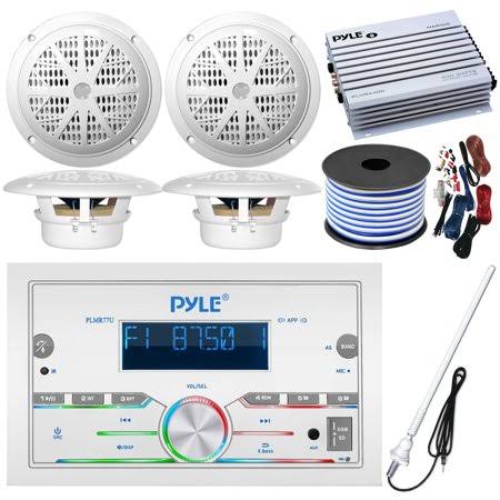 Pontoon Boat Audio Bundle: Pyle Double DIN Bluetooth Marine Receiver, 4X 6.5" Waterproof White Speakers, 4-Channel Amplifier E72229