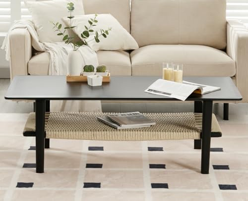 Farmhouse Rattan Storage Solid Wood Coffee Table O53204