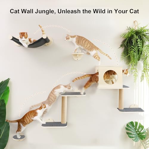 5-Piece Wooden Cat Wall Shelves with Hammock S544