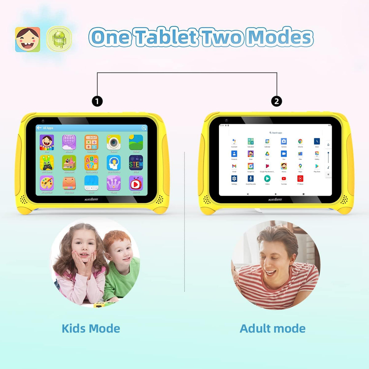 Yellow 7 inch Kids Tablet Android 11 Quad Core 2GB RAM 32GB Dual Camera WiFi Bluetooth 4.2 Pack of 2 N410