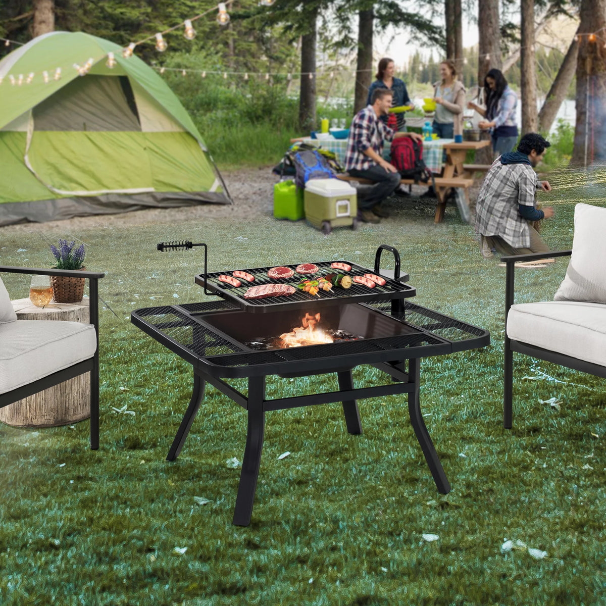 38 Inch Wood Burning Fire Pit with Grill Grate and Fire Poker F38322