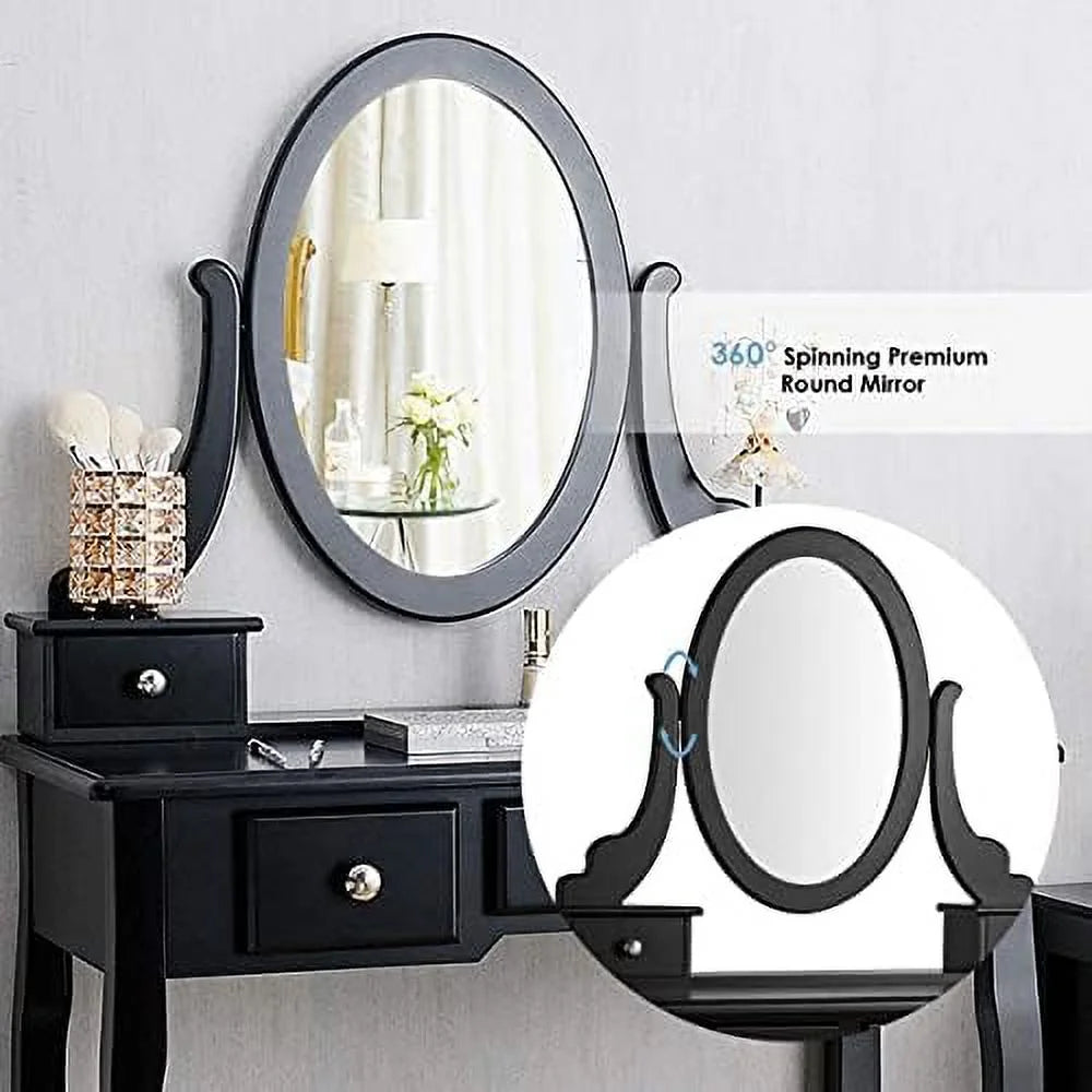 White Vanity Table Set with Rotatable Mirror, Cushioned Stool & 5 Drawers R867914