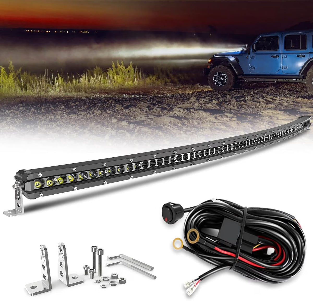 Curved LED Light Bar 216W Spot Flood Combo Beam Work Light with Wiring Harness Kit J82664