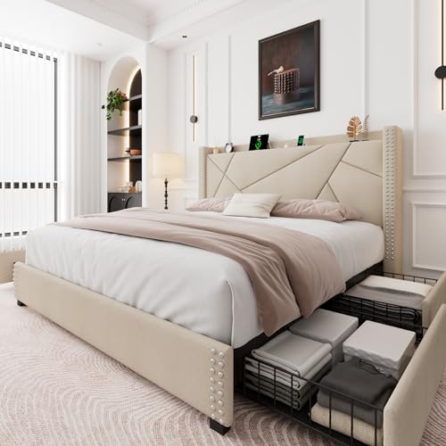 King Size Upholstered Platform Bed Frame with 4 Storage Drawers H521483