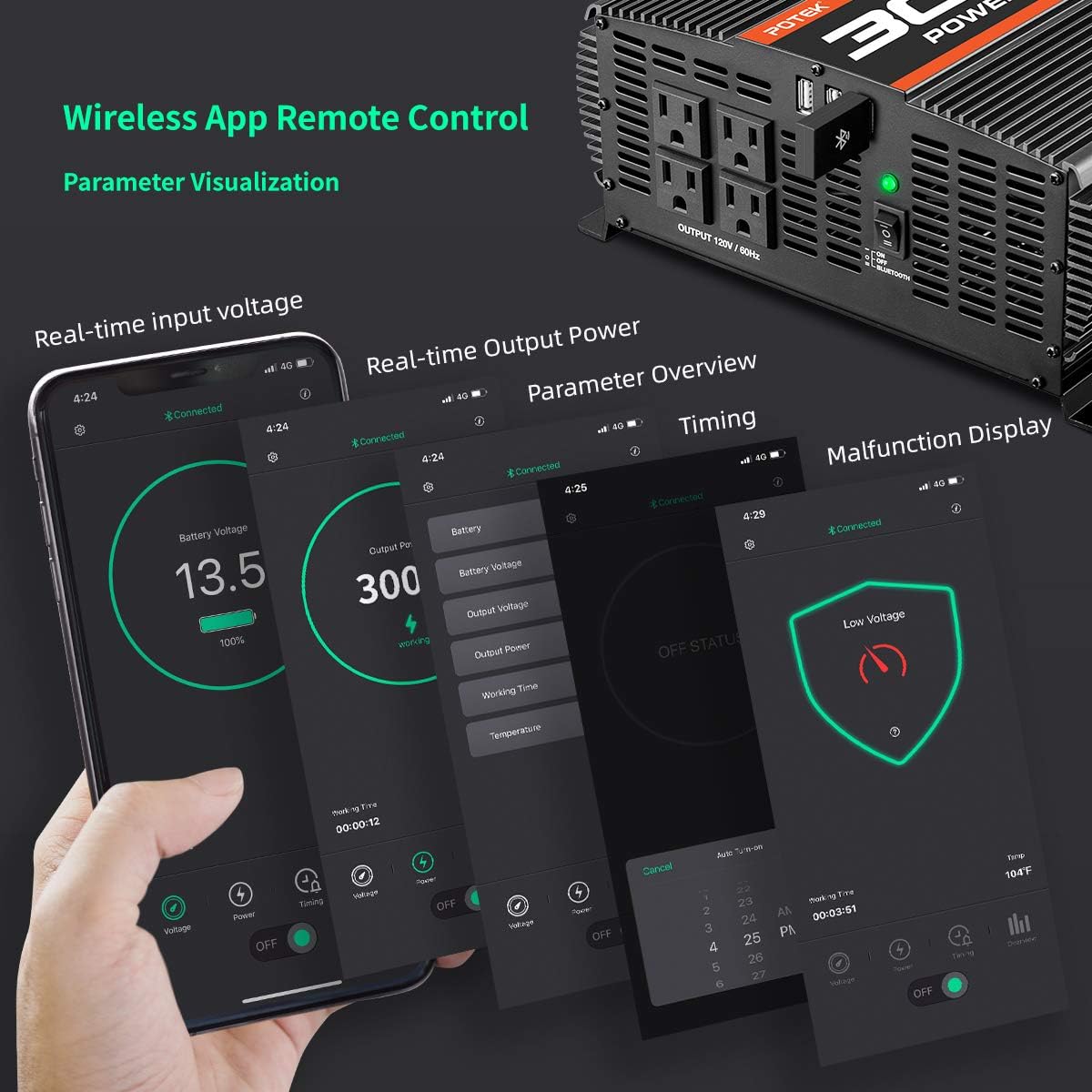 3000W Power Inverter 4 AC Outlets DC 12V to 110V AC Car Inverter with 2 USB Port and Bluetooth W99352