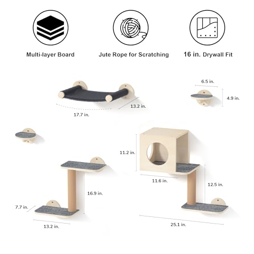 5-Piece Wooden Cat Wall Shelves with Hammock S544