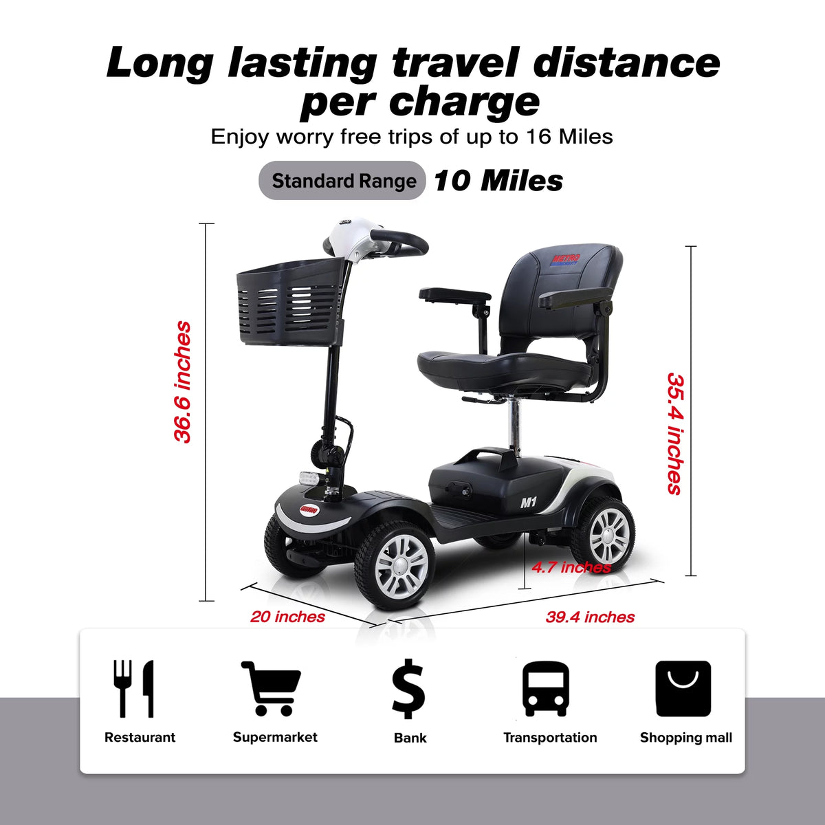 4-Wheel Mobility Scooter with Detachable Basket, Silver O189
