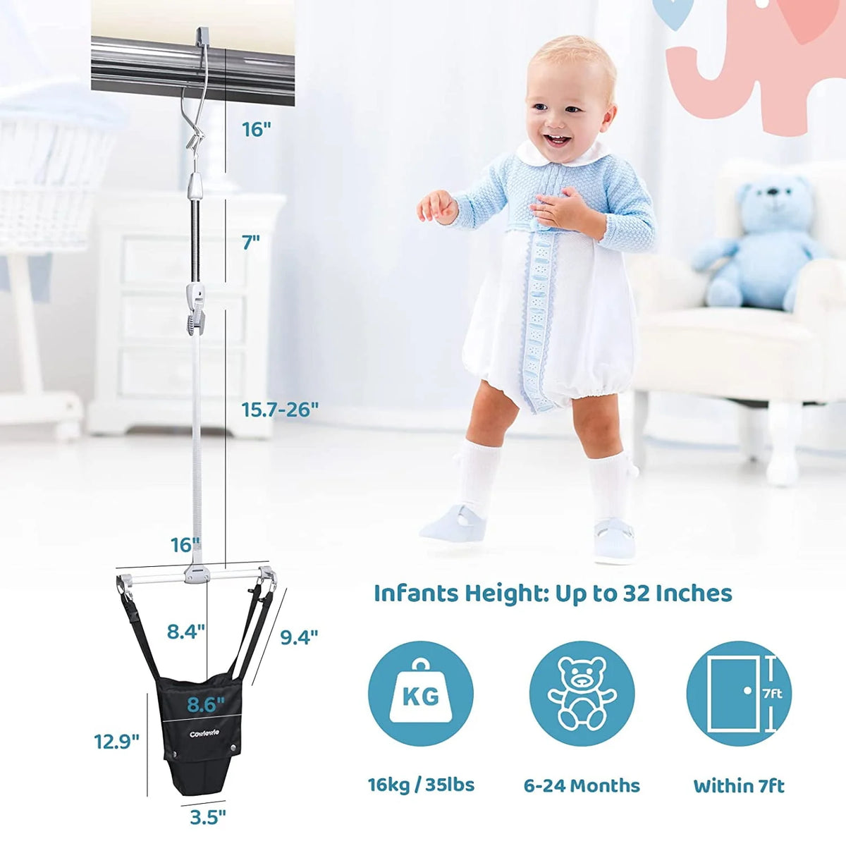 2 in 1 Baby Door Jumper, Adjustable Strap and Seat, Black R156