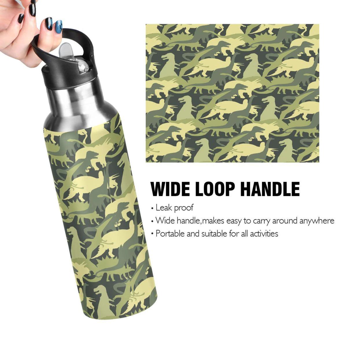 Army Green Camo Dinosaur Stainless Steel Water Bottle with Straw Lid 20 OZ M88581