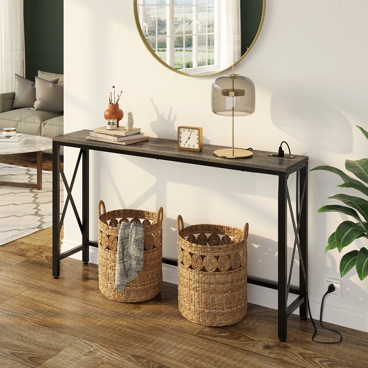 Console Table with Power Outlet, 55 Inch, Rustic Brown F39685