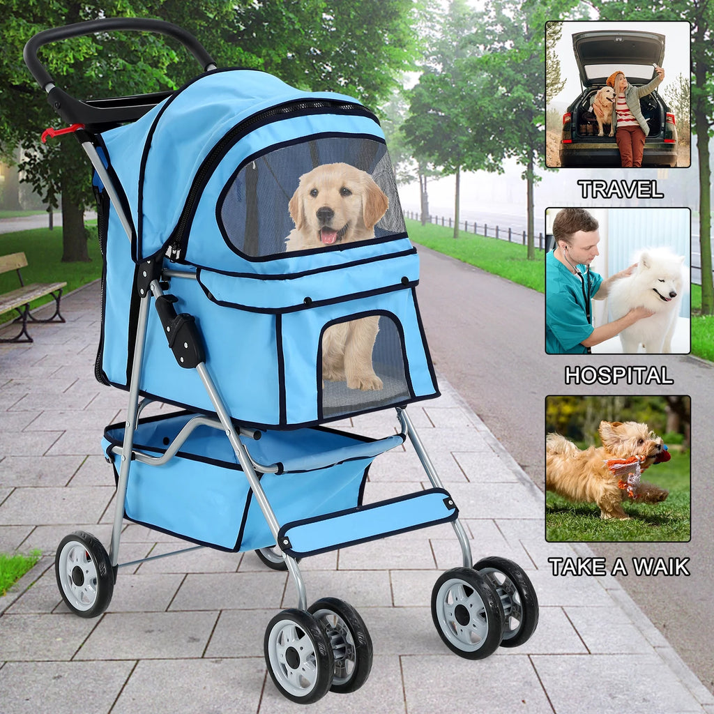 4 Wheels Foldable Pet Stroller with Storage Basket U1651