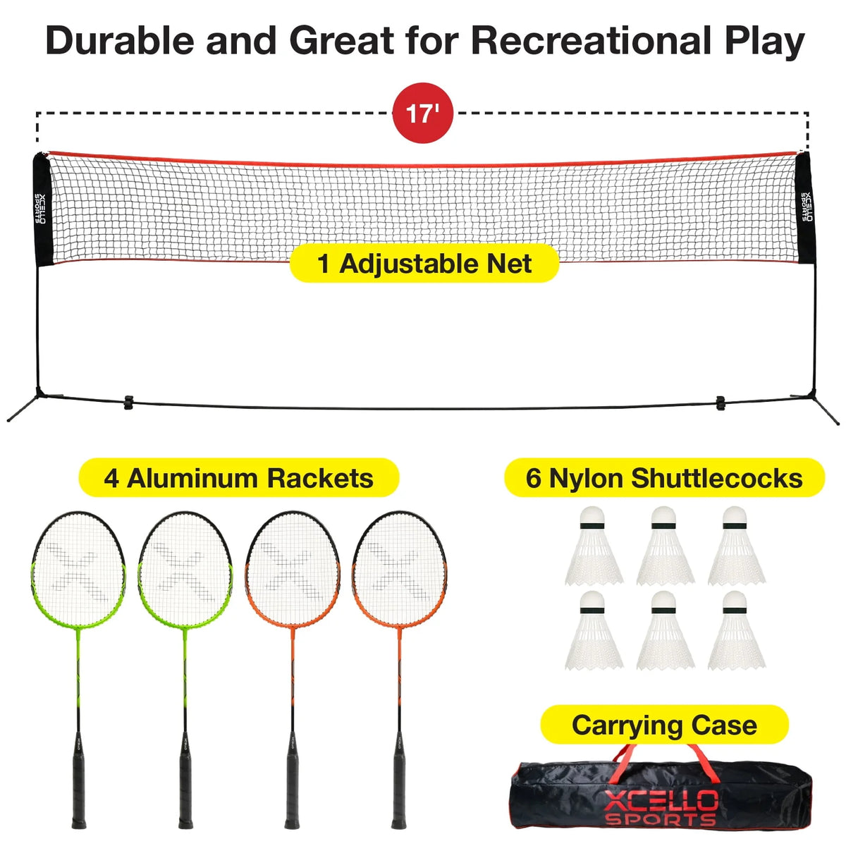 Badminton Set with Foldable Net, 4 Rackets, 6 Shuttlecocks, and Carry Bag A969
