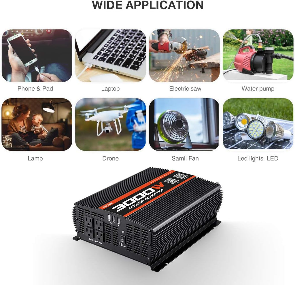 3000W Power Inverter 4 AC Outlets DC 12V to 110V AC Car Inverter with 2 USB Port and Bluetooth W99352