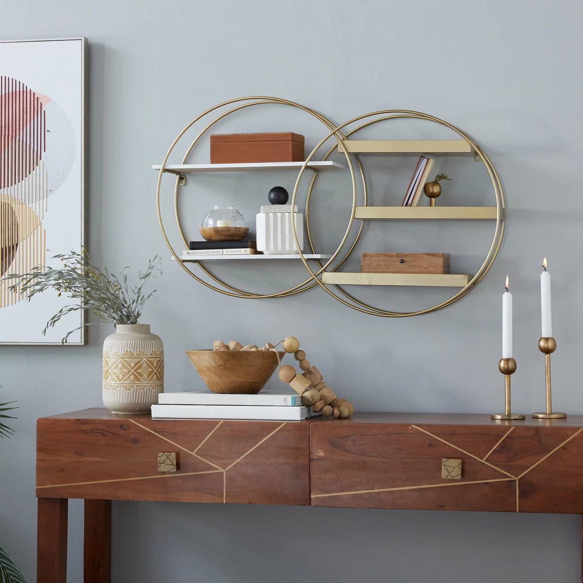 34"W 20"H MDF and Metal Contemporary Wall Shelf, Gold, 1-Piece B128452
