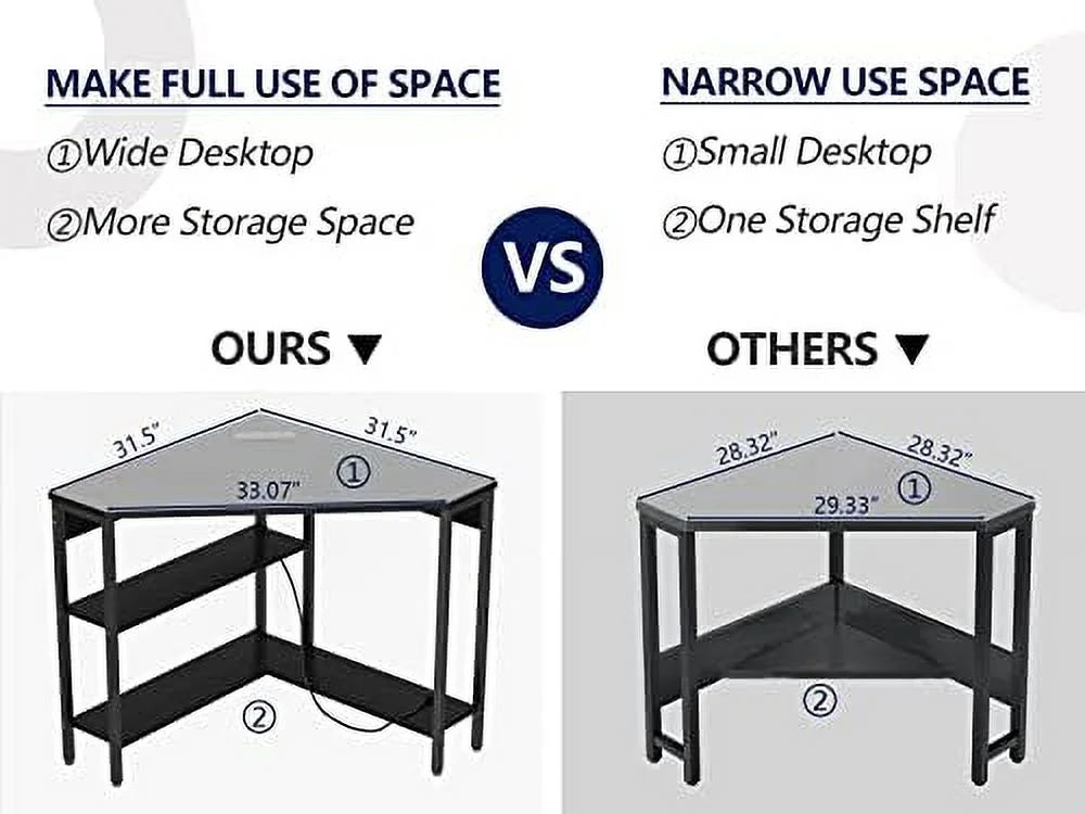 Black Corner Desk with Outlets USB Ports Shelves H229