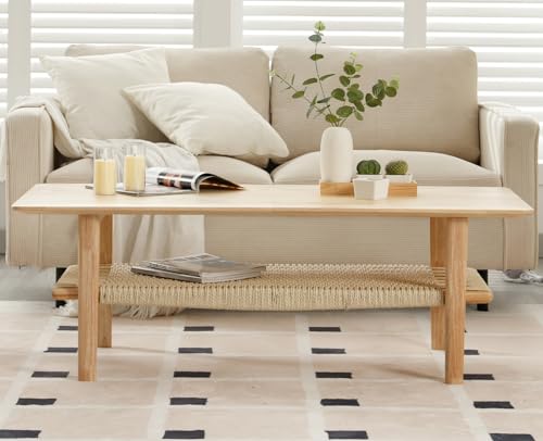 Farmhouse Rattan Storage Solid Wood Coffee Table O53204