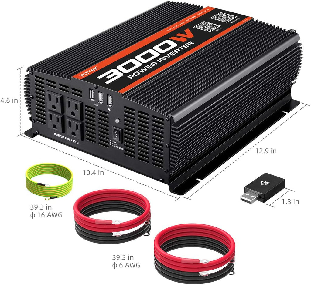 3000W Power Inverter 4 AC Outlets DC 12V to 110V AC Car Inverter with 2 USB Port and Bluetooth W99352