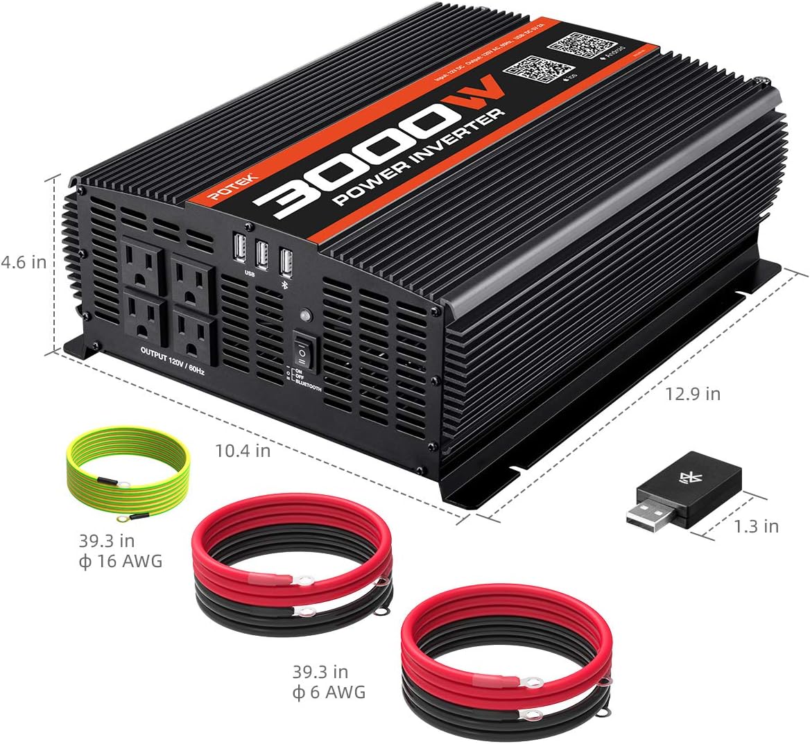 3000W Power Inverter 4 AC Outlets DC 12V to 110V AC Car Inverter with 2 USB Port and Bluetooth W99352